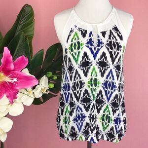 Ann Taylor White Multi IKat Printed Keyhole Top